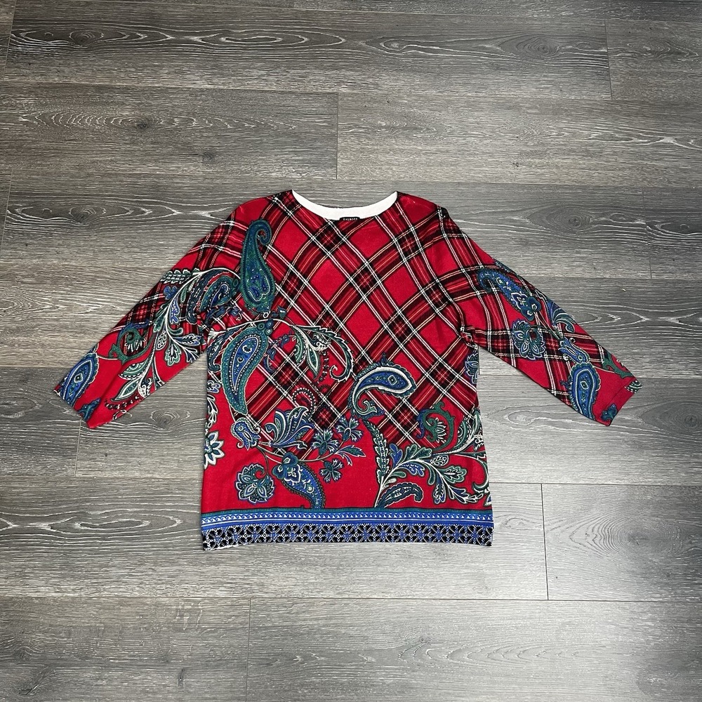 Talbots NWT Red Plaid Paisley Sweater 100% Merino Wool Size PXL Preppy Academia